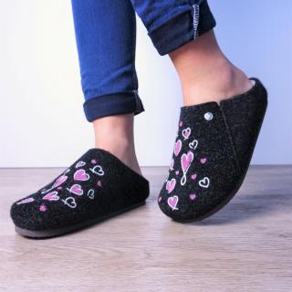 DEFONSECA ANTHRACITE BLACK FELT SLIPPERS WITH HEARTS