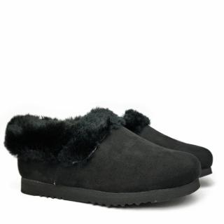 COMFORT WOMEN'S SABOTS IN VERY SOFT LAMB LEATHER AND FUR WITH REMOVABLE FOOTBED BLACK
