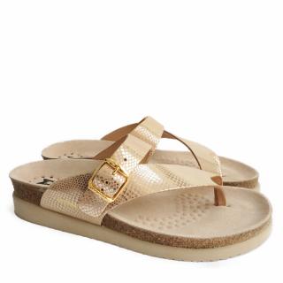 MEPHISTO HELEN LEATHER FLIP-FLOPS WITH MOSAIC PATTERN AND BUCKLE LIGHT SAND