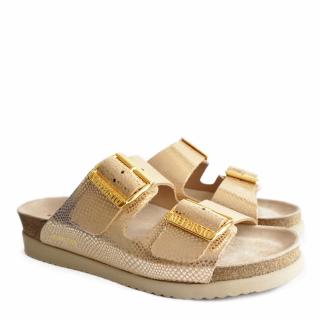 MEPHISTO HESTER LEATHER SLIPPERS WITH MOSAIC PATTERN AND BUCKLES LIGHT SAND