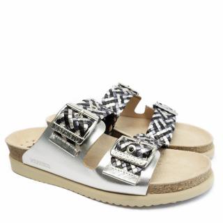 MEPHISTO HESTER TWIST SILVER LEATHER SLIPPERS WITH DOUBLE BUCKLE