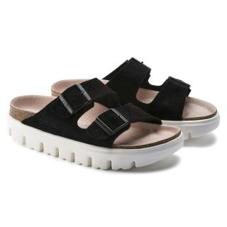 PAPILLIO ARIZONA CHUNKY SLIPPERS IN BLACK SUEDE WITH DOUBLE BUCKLE