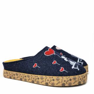 TIROL MP04 BLUE MERINO WOOL SLIPPER WITH HEARTS AND REMOVABLE LEATHER FOOTBED