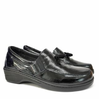 SUSIMODA MOCCASIN IN BLACK SHINY LEATHER WITH SUEDE BOW AND REMOVABLE FOOTBED