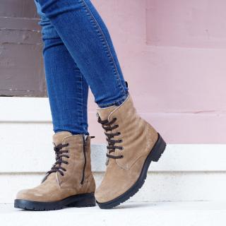 SLIGHT BROWN LAMB SUEDE ANKLE BOOT WITH ZIP AND LACES