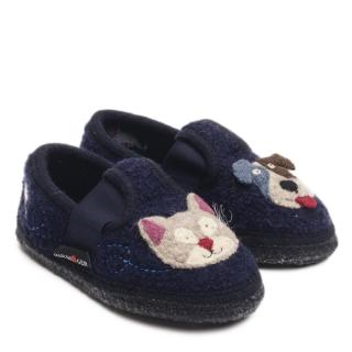 HAFLINGER HUND UND KATZE BABY SLIPPERS IN BLUE FELT WITH DOG AND CAT
