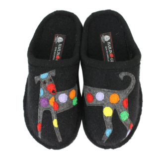 HAFLINGER FLAIR FELIX BLACK WOOL SLIPPERS WITH COLORFUL DOG