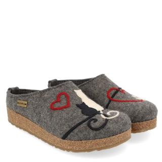 HAFLINGER MICINI ANTHRACITE VIRGIN WOOL FELT SLIPPERS WITH CATS