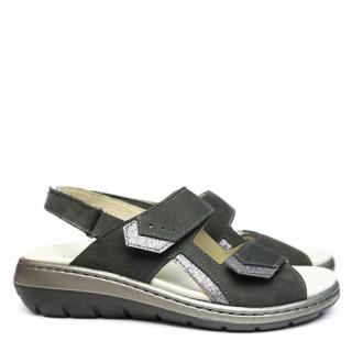 DUNA SANDAL PREPARED IN ANTHRACITE LEATHER WITH GLITTER, BUCKLE, DOUBLE STRAP, REMOVABLE FOOTBED