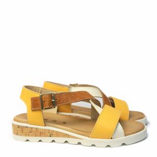 ALICE WOMEN'S SANDALS IN GENUINE LEATHER WITH BUCKLE CROSSED BANDS YELLOW AND LEATHER