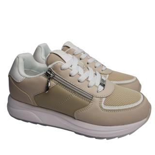 SCHOLL BEVERLY LACES WOMEN'S TENNIS SHOE IN BEIGE FABRIC AND LEATHER