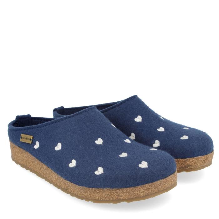 HAFLINGER BLUE WOOL FELT SLIPPERS WITH HEARTS