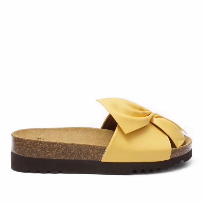 SCHOLL BOWY  SINGLE-BAND LEATHER SLIPPERS WITH OCHER BOW - photo 1