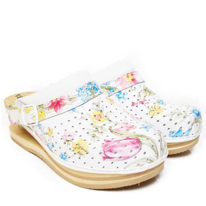 BALDO WOMEN CLOGS 5/13 SHOCK ABSORBER FLOWERY WHITE CLASSIC MODEL WITH WOOD SOLE - photo 1